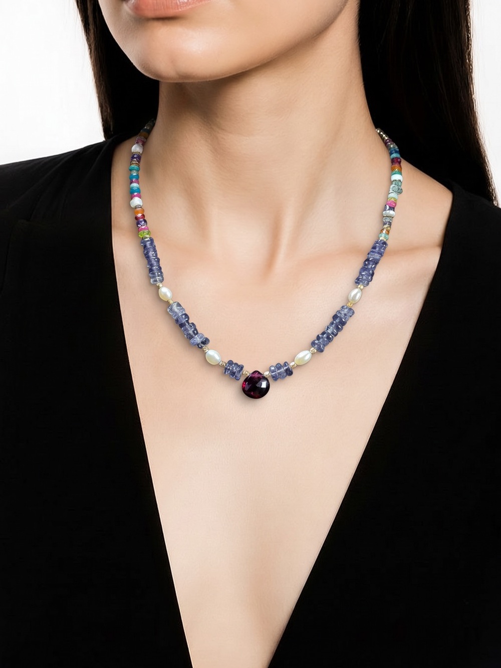 Authentic Sundance Multi Gemstone Necklace Iolite Garnet Pearl Sterling Silver